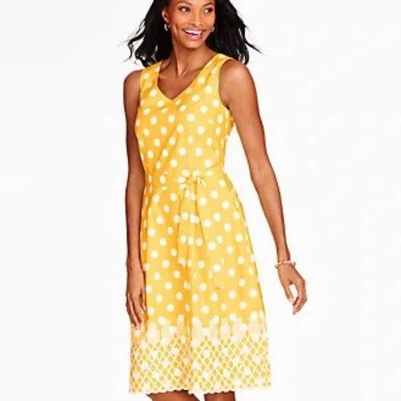 Talbots Dresses & Skirts - Talbots Lemon Yellow Belted Sundress Polka Dot Pineapple Print w/pockets sz 6